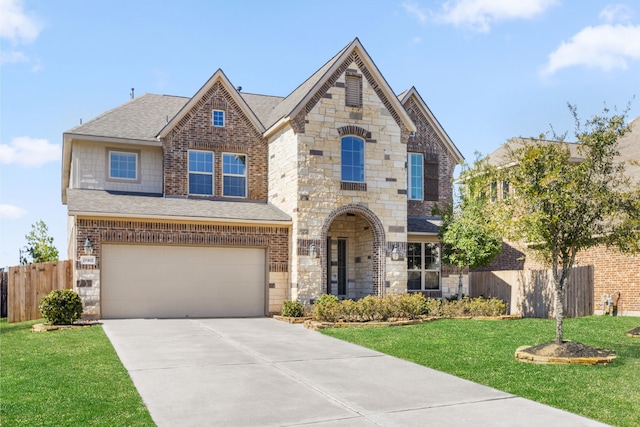 view of front facade with concrete driveway, an attached garage, fence, a front yard, and brick siding