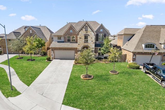 french country style house with a residential view, concrete driveway, and a front yard