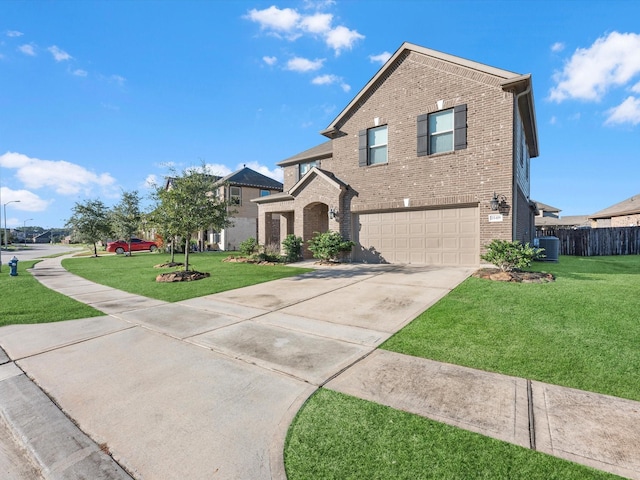 view of front facade featuring brick siding, concrete driveway, an attached garage, central AC unit, and a front yard