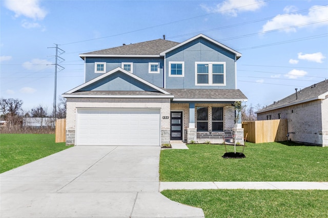 view of front of house featuring concrete driveway, roof with shingles, fence, and a front lawn