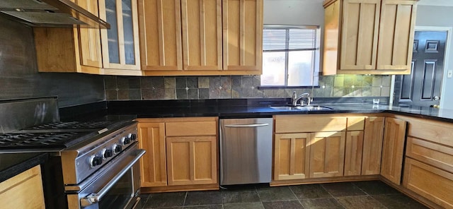 kitchen with dark countertops, appliances with stainless steel finishes, glass insert cabinets, ventilation hood, and a sink