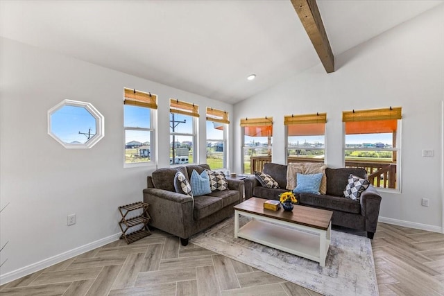 living room with vaulted ceiling with beams, recessed lighting, and baseboards