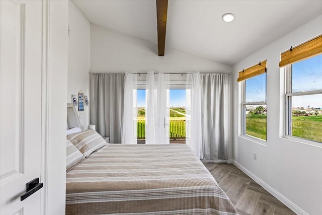 bedroom with recessed lighting, lofted ceiling with beams, baseboards, and access to outside