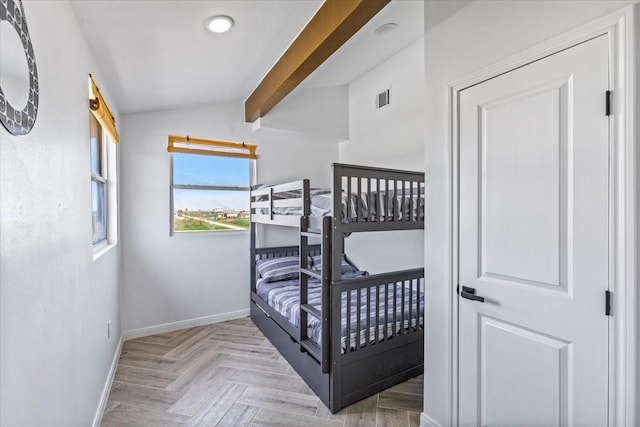 bedroom with visible vents, recessed lighting, vaulted ceiling with beams, and baseboards