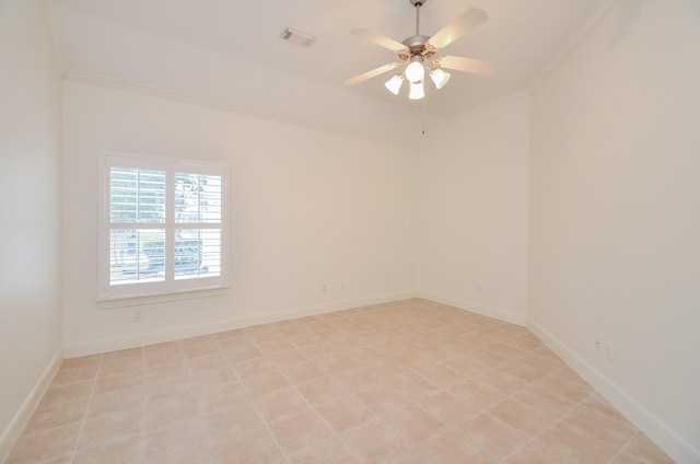 unfurnished room featuring ceiling fan, ornamental molding, visible vents, and baseboards