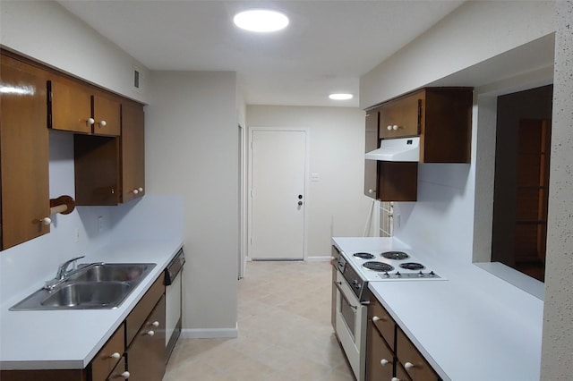 kitchen with light countertops, white electric range, stainless steel dishwasher, under cabinet range hood, and a sink