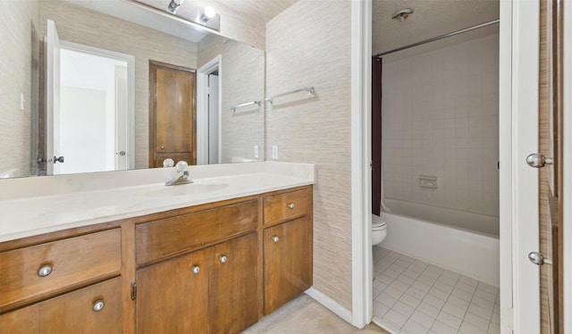 full bathroom featuring toilet, shower / bathtub combination, tile patterned flooring, and vanity