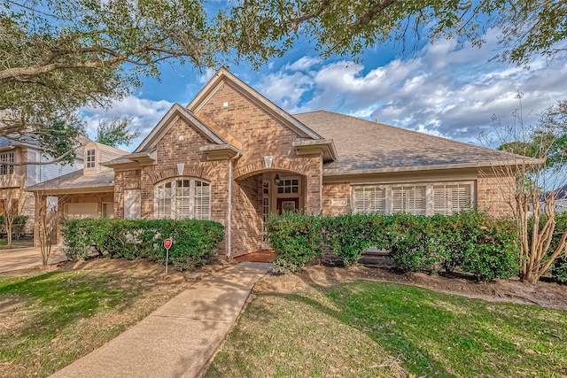 view of front of house featuring a front yard, brick siding, an attached garage, and roof with shingles