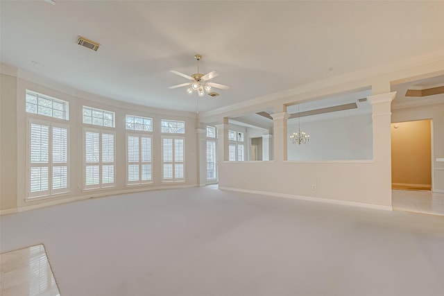 unfurnished room with visible vents, light carpet, ornate columns, and ceiling fan with notable chandelier