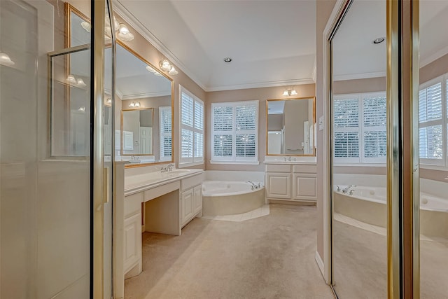 full bath featuring carpet floors, a shower with door, crown molding, vanity, and a bath