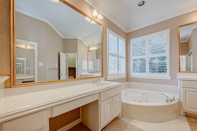 bathroom featuring tile patterned flooring, vanity, vaulted ceiling, a whirlpool tub, and crown molding