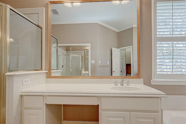 full bath featuring a stall shower, visible vents, crown molding, and vanity