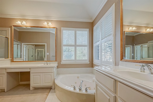 bathroom with a whirlpool tub, a healthy amount of sunlight, a sink, and a shower stall