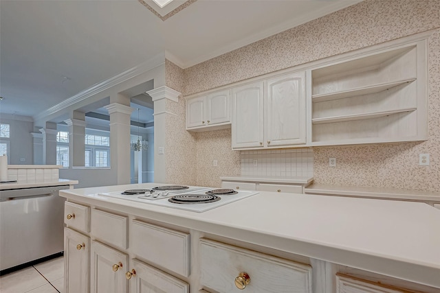 kitchen with crown molding, open shelves, light countertops, white electric cooktop, and dishwasher