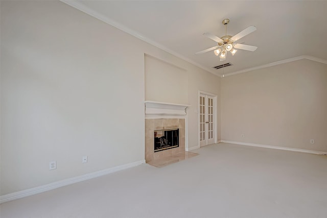 unfurnished living room with a fireplace, visible vents, a ceiling fan, vaulted ceiling, and baseboards