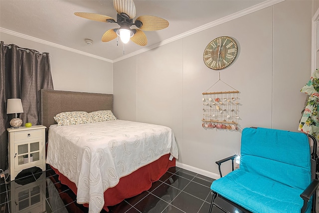 bedroom with ceiling fan, ornamental molding, and dark tile patterned floors