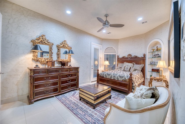 bedroom featuring a ceiling fan, recessed lighting, visible vents, and light tile patterned floors