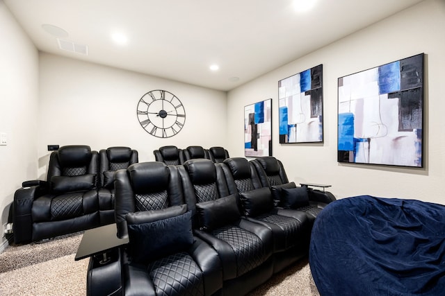 home theater featuring carpet, visible vents, and recessed lighting