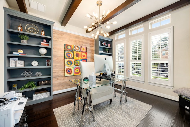 home office with built in shelves, baseboards, dark wood-style floors, beamed ceiling, and an inviting chandelier