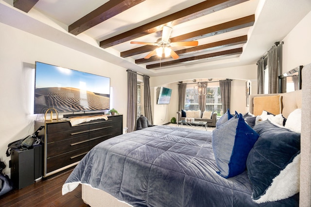 bedroom featuring dark wood-style floors, ceiling fan, and beamed ceiling