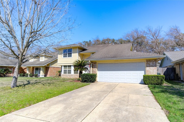 view of front of house with concrete driveway, brick siding, an attached garage, and a front lawn