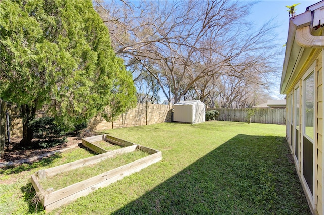 view of yard featuring a storage shed, a fenced backyard, a vegetable garden, and an outbuilding