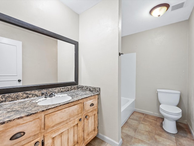 full bath with visible vents, toilet, vanity, baseboards, and tile patterned floors