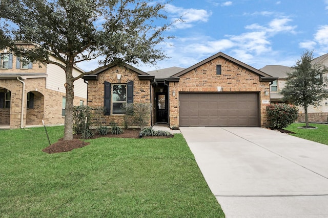 view of front facade featuring a garage, concrete driveway, brick siding, and a front lawn