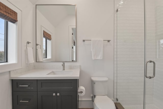 full bath featuring toilet, a stall shower, and vanity