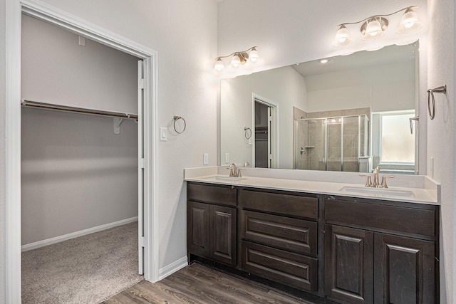 bathroom featuring a stall shower, a walk in closet, a sink, and double vanity