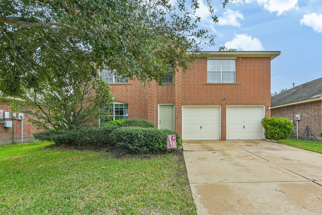 view of front of property featuring a garage, a front yard, concrete driveway, and brick siding