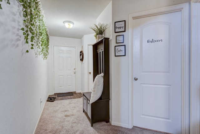 interior space featuring light colored carpet and baseboards