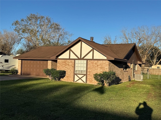 view of property exterior featuring driveway, brick siding, a lawn, and an attached garage