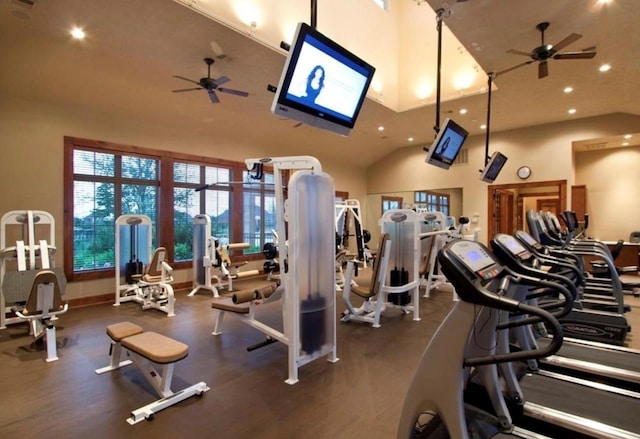 gym with vaulted ceiling, baseboards, a ceiling fan, and recessed lighting