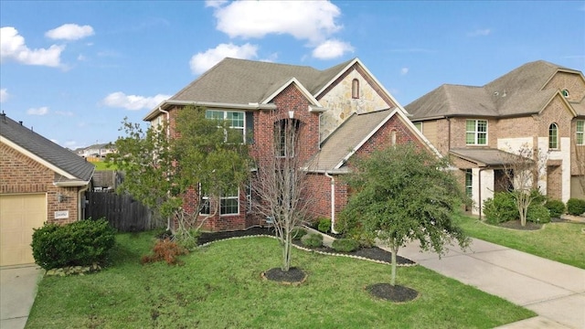 view of front facade with brick siding, concrete driveway, a front yard, and fence