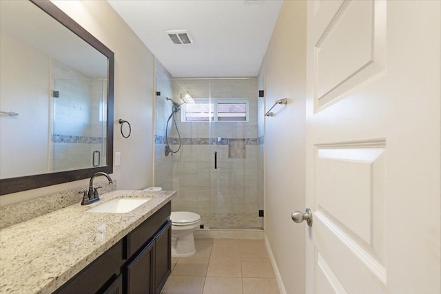 full bathroom with tile patterned flooring, toilet, vanity, visible vents, and a shower stall