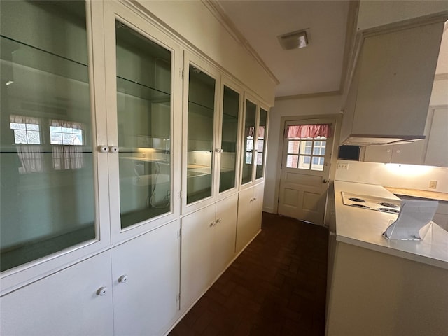 corridor featuring brick floor and crown molding