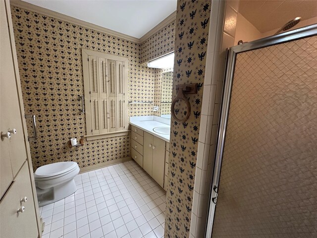 full bathroom featuring tile patterned floors, a shower stall, wallpapered walls, and ornamental molding