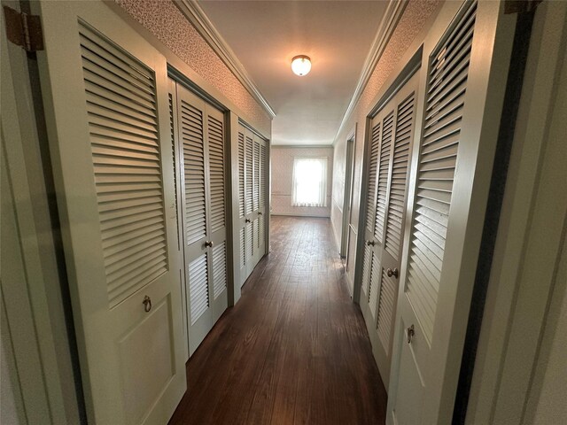 corridor featuring dark wood finished floors and crown molding