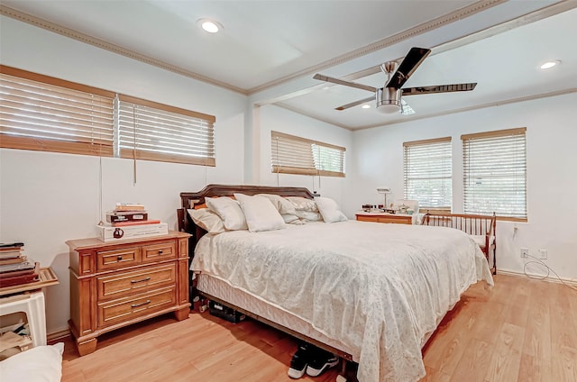 bedroom with recessed lighting, light wood-type flooring, a ceiling fan, and crown molding