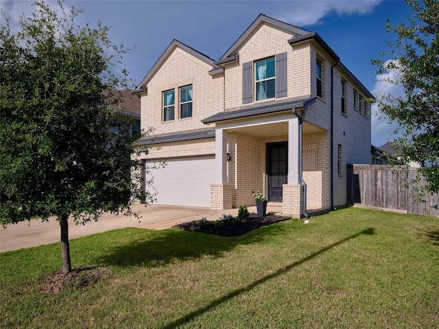 craftsman house featuring fence, a front lawn, concrete driveway, and brick siding