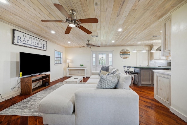 living room featuring recessed lighting, wooden ceiling, baseboards, and dark wood-style flooring