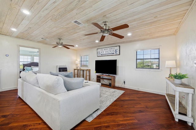 living area featuring dark wood-style floors, wooden ceiling, visible vents, and plenty of natural light