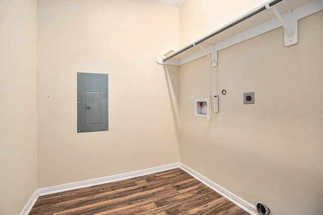 clothes washing area featuring washer hookup, dark wood-type flooring, hookup for an electric dryer, laundry area, and electric panel