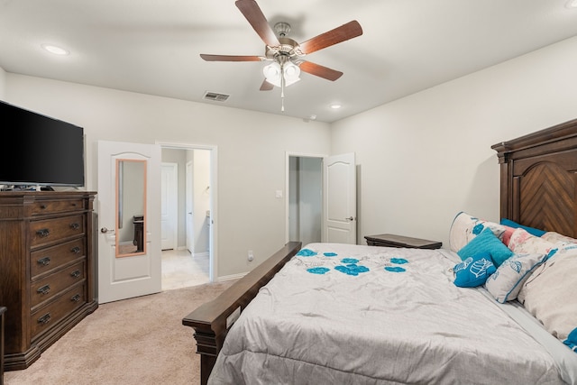 bedroom featuring a ceiling fan, baseboards, visible vents, recessed lighting, and light carpet