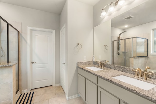 full bathroom featuring a sink, visible vents, a stall shower, and tile patterned floors