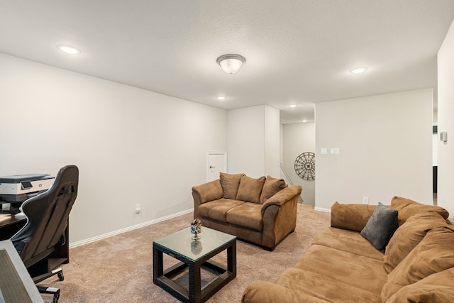 living room featuring recessed lighting, baseboards, and light carpet