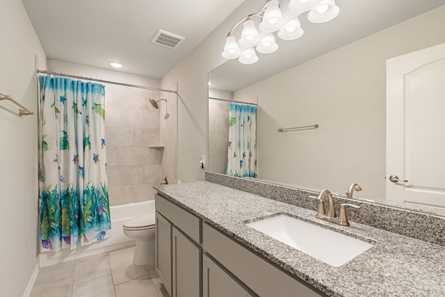 bathroom with visible vents, shower / bathtub combination with curtain, toilet, tile patterned flooring, and vanity