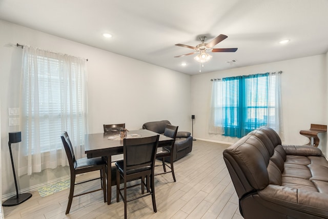 dining room with recessed lighting, visible vents, ceiling fan, and light wood finished floors