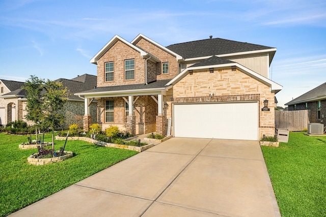 view of front of house featuring cooling unit, brick siding, concrete driveway, and a front yard